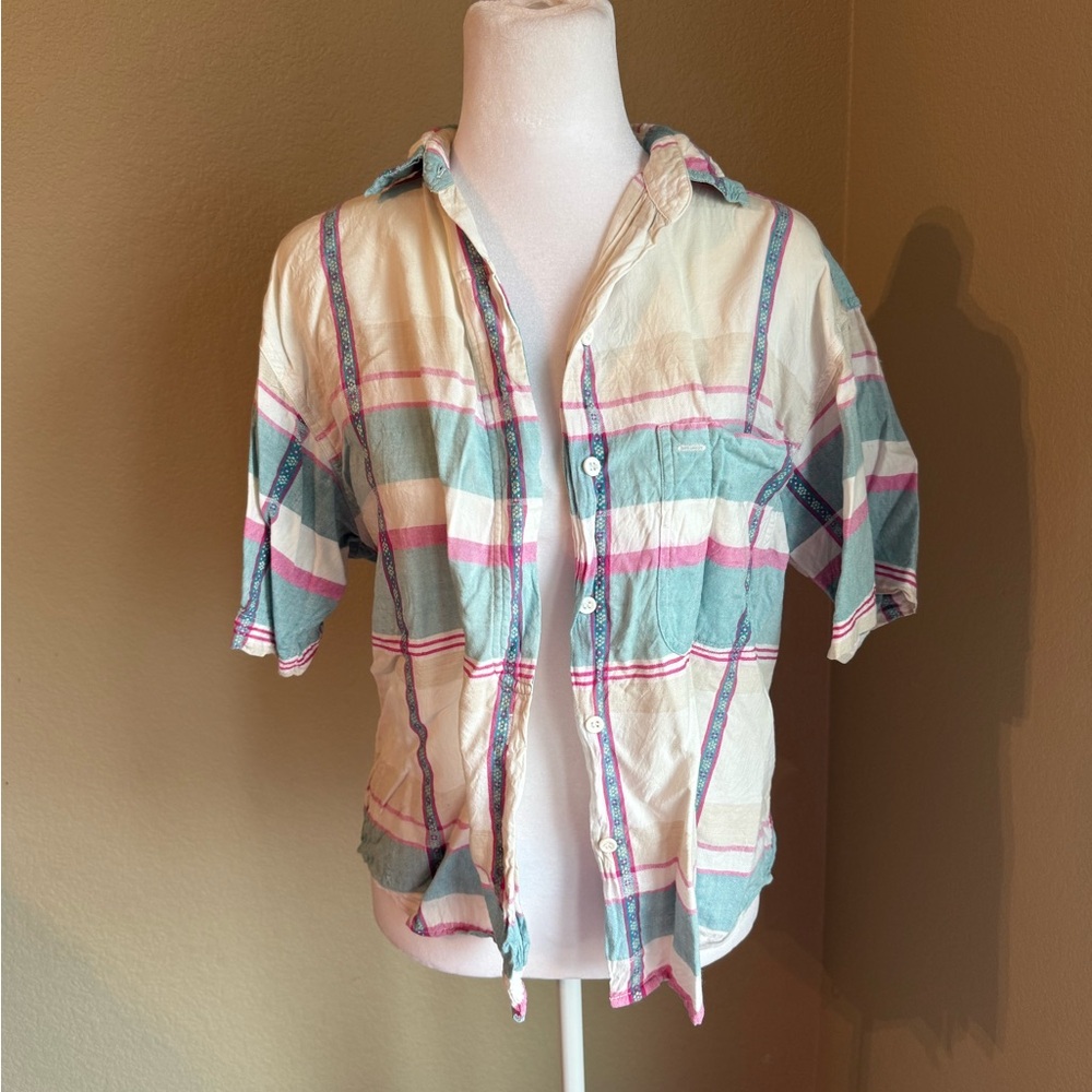 Plaid Button-Up Shirt in Cream and Teal woman’s vintage